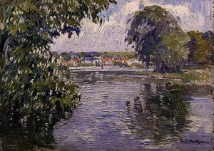 Wioska nad Sekwaną (olej na panelu)