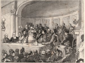 Kongres Przeciw Niewolnictwu, który odbył się w Paryżu w dniach 21, 22 i 23 września 1890 r. w Towarzystwie Geograficznym w obecności Julesa Simona, Emila Kellera i Monseigneur Lavigerie. Grawer na podstawie rysunku Paula Merwarta w „The Illustrous World” 