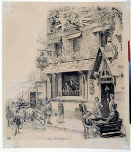 Widok na wejście do Cabaret du Chat Noir. Rysunek tuszem Paula Merwarta (1855-1902) XIX-wieczny Paryż, Musee Carnavalet