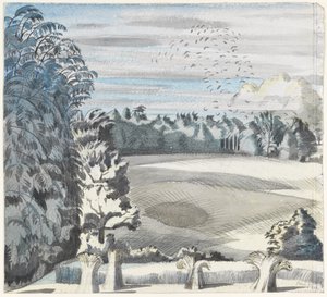 Pejzaż z gawronami, ok. 1913-14 (czarna kreda i akwarela na papierze) autorstwa Paul Nash