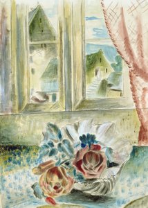 Czerwone róże w muszli (ołówek, kreda i akwarela na papierze) autorstwa Paul Nash
