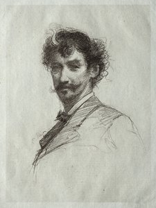 James McNeill Whistler z białym zamkiem i monoklem. autorstwa Paul Rajon