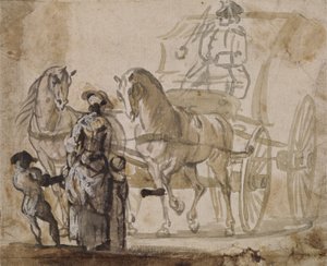 Powóz i para, z woźnicą (szaro-brązowe spranie wzmocnione bielą na papierze) autorstwa Paul Sandby