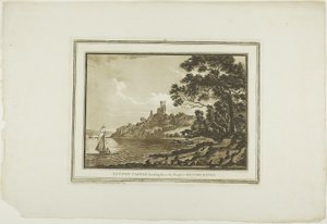 Zamek Benton Patrząc w dół Reach do Milford Haven, z Dwunastu Widoków w Aquatinta z Rysunków wykonanych na miejscu w Południowej Walii autorstwa Paul Sandby