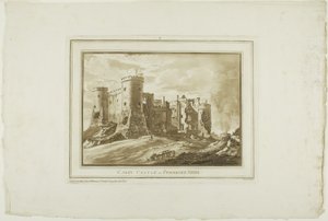 Zamek Carey w Pembroke Shire, z Dwunastu widoków w Aquatinta z Rysunków wykonanych na miejscu w Południowej Walii autorstwa Paul Sandby