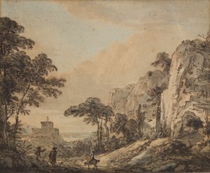 Krajobraz z jeźdźcem (pióro, atrament, pędzel i toaleta na papierze) autorstwa Paul Sandby