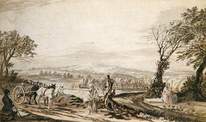 Podróżni odpoczywający przy drodze nad doliną rzeki (ołówek, długopis i atrament, kałamarz i akwarela na papierze) autorstwa Paul Sandby