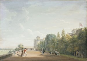 Zamek Windsor: Północny taras patrzący na wschód, z eleganckimi postaciami, 1803 autorstwa Paul Sandby