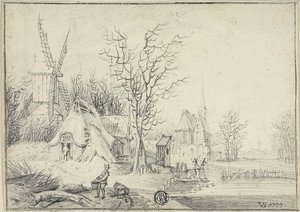Wioska z wiatrakiem i kościołem autorstwa Paul Theodor van Brussel