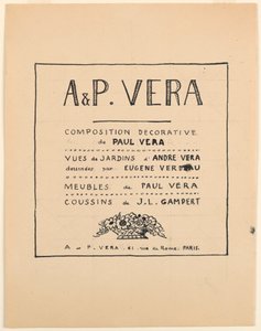 Rysunek, Strona tytułowa, A & P Vera, Kompozycja dekoracyjna Paula Vera / Widoki ogrodów André Vera rys. Eugène Verdeau / Meble Paula Vera / Poduszki J. L. Gamperta, 1912–19 autorstwa Paul Vera