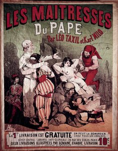 Plakat Leo Taxila (1854-1907) i Karla Milo „Pokojówki Papieża”, księga antyklerykalna z 1884 r. Przedstawia kobietę torturowaną na pręgierzu, kat przebija jej pierś. Ilustracja Hode, XX wiek. Prywatna kolekcja