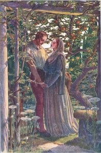 Uczciwe spotkanie najrzadszych uczuć, ilustracja z Burzy, 1908 autorstwa Paul Vincent Woodroffe