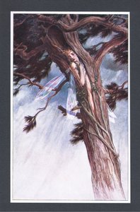 Uwięziła cię, z pomocą swoich najpotężniejszych ministrów i w swej nieposkromionej wściekłości, w rozszczepioną sosnę, ilustracja z Burzy, 1908 autorstwa Paul Vincent Woodroffe