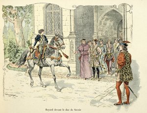 Ilustracja zaczerpnięta z książki „Histoire du chevalier Bayard” autorstwa Theodore Cahu, zilustrowana przez Paula De Semanta (1855-1915): Bayard wiek 11 lat przed księciem Sabaudii 1486 autorstwa Paul de Semant