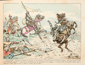Ilustracja zaczerpnięta z książki „”Joan of Arc”” Theodore Cahu i zilustrowana przez Paula De Semant (1855-1915): 12 czerwca 1429 Pan Lude zabija balem podczas bitwy pod Jargeau przed Joanną d