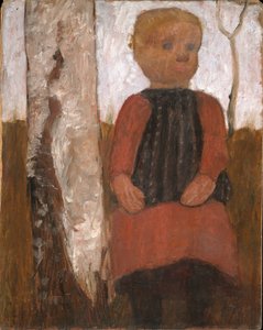 Dziecko w czerwonej sukience na pniu brzozy autorstwa Paula Modersohn-Becker