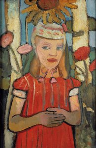 Dziewczyna w czerwonej sukience przed słonecznikiem, 1907. autorstwa Paula Modersohn Becker