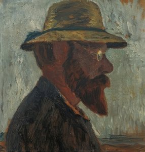 Otto Modersohn w kapeluszu słomkowym z profilu po prawej stronie. Około 1905 r. autorstwa Paula Modersohn Becker