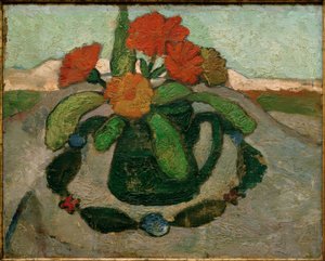 Martwa natura z nagietkami na tle krajobrazu autorstwa Paula Modersohn Becker
