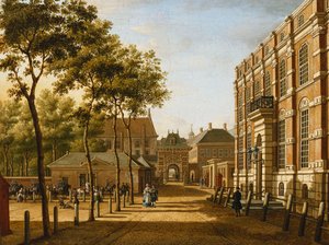 Haga: Mauritspoort i Binnenhof widziane po drugiej stronie Plein, 1773