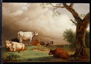 Bydło na polu, z podróżnikami w wozie na torze za nim i wieżą kościoła w oddali, zbliżająca się burza, 1652 autorstwa Paulus Potter