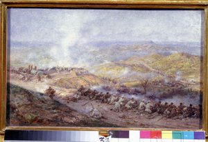 Scena rosyjskiej wojny tureckiej (1876-1878) (Scena rosyjskiej wojny tureckiej). Pole bitwy na Bałkanach, gdzie ścierają się żołnierze armii rosyjskiej i Imperium Osmańskiego podczas oblężenia Plewen (lub Plewen w Bułgarii) w 1877 roku.