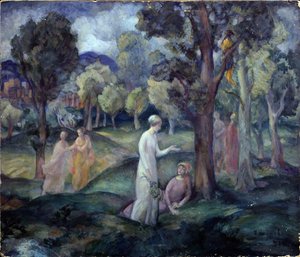 Spacer po polach. (Spacer przez pola). Scena rekreacyjna, młode kobiety między drzewami na wzgórzach. Praca Pawła Siemionowicza Naumowa (1884-1942), olej na tekturze autorstwa Pavel Semenovich Naumov
