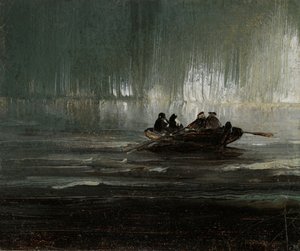 Zorza polarna nad czterema mężczyznami w łodzi wiosłowej autorstwa Peder Balke