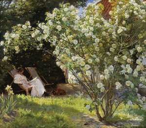 Róże. Marie Krøyer siedząca na leżaku w ogrodzie przy domu pani Bendsen autorstwa Peder Severin Krøyer