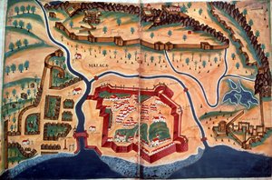 Sloane 197, ff.381v-382r: Plan miasta Malakka, z „Livro do Estado de India Oriental”