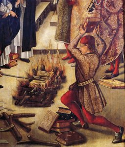 Spalenie ksiąg heretyków, fragment z San Domenico i Albigenses, Pedro Berruguete (ok. 1450 - ok. 1504)