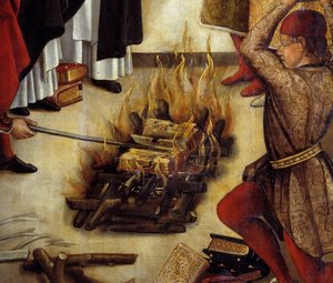 Szczegół „” Saint Dominique et les Albigeois”” (Le Miracle des Fanjeaux): święty daje Albigeois księgę obalająca ich herezję, a albigeois próbują ją spalić, bez powodzenia. Obraz Pedro Berruguete (1450-1504). XVI w. niedz. 1,22 x 0
