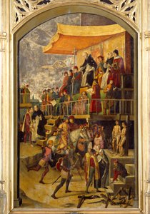 Inkwizycja „” Autodafe przewodniczy św. Dominice de Guzman (1170-1221), założycielka zakonu dominikanów”” Obraz na drewnie: Pedro Berruguete (1450-1504) 1495 nd. 1,54x0,92 m Madryt, Musee du Prado