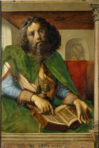 Portret Platona (428-348 pne), filozofa starożytnej Grecji. (h s/wood 1,01 x 0,69) obraz Berruguete Pedro (1450-1504).