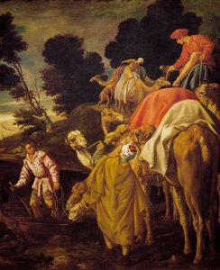 Karawana wielbłądów, fragment Rebeki, w której Eliezer pije ze studni, obraz Pedro Orrente (ok. 1580-1645), Hiszpania