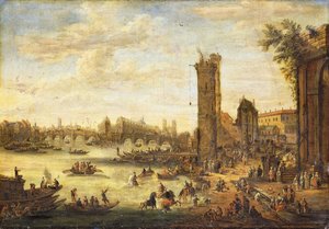 Widok na Paryż w kierunku Ile de la Cite i Pont Neuf, 1671-77 autorstwa Peeter or Pieter Bout