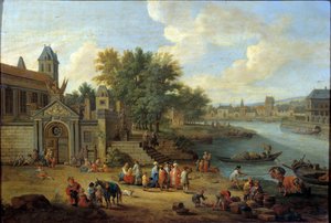 Wejście do arsenału, wyspa Louviers i czubek wyspy Saint Louis w Paryżu ok. 1670 r. Obraz Peetera Bouta (1658-1719) XVII w. Słońce. 0,41x0,56 m Paryż, Muzeum Carnavalet autorstwa Peeter or Pieter Bout
