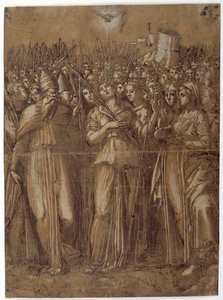 Św. Urszula z dziewicami męczennikami (pióro i brązowy atrament wzmocnione białym kolorem ciała na papierze spranego brązu) autorstwa Pellegrino (c.1460-1523) Aretusi