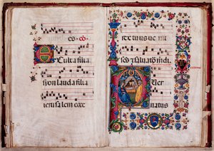 Biblioteka Piccolomini: księga chóralna, dorsz. 102,8, nn. 47v-48r z „Narodzeniem” Pellegrino di Mariano.