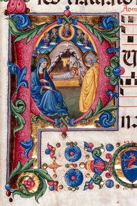 Biblioteka Piccolomini: księga chóralna, dorsz. 102,8, nn. 48r z „Narodzeniem” Pellegrino di Mariano. Szczegół.