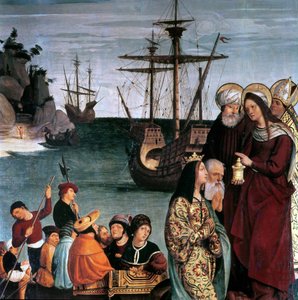 Maria Magdalena wsiadająca na statek, z ołtarza św. Magdaleny autorstwa Pera Matas