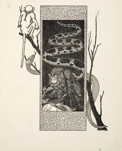 Małpa kontra wąż, z „Stu anegdot zwierząt”, wyd. 1924 autorstwa Percy J. Billingshurst