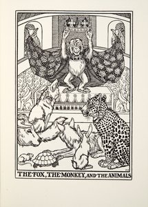 Lis, małpa i zwierzęta, z Fontaine Fables, wyd. 1905
