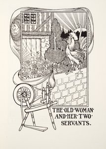 Stara kobieta i jej dwie służące, z Fontaine Fables, wyd. 1905 (grawerowanie) autorstwa Percy J. Billingshurst