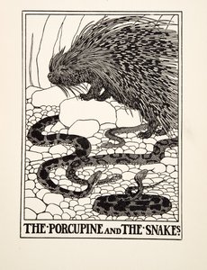 Jeżozwierz i węże, z Stu bajek Ezopa, wyd. 1903 (rycina) autorstwa Percy J. Billingshurst