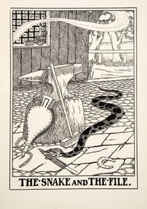 Wąż i akta, ze stu bajek Ezopa, wyd. 1903 (rycina) autorstwa Percy J. Billingshurst