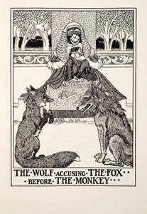Wilk oskarża lisa przed małpą, z Fontaine Fables, wyd. 1905 autorstwa Percy J. Billingshurst