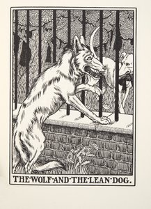 Wilk i chudy pies, z Fontaine Fables, wyd. 1905 (grawerowanie) autorstwa Percy J. Billingshurst