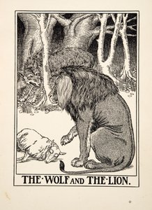 Wilk i lew, z Stu bajek Ezopa, wyd. 1903 (rycina) autorstwa Percy J. Billingshurst