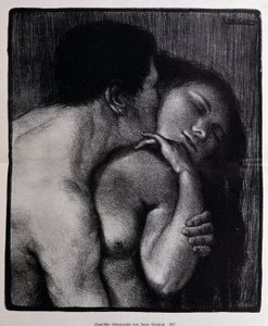 Mężczyzna całuje kobietę. Litografia autorstwa Pere Torne-Esquius (Torne Esquius autorstwa Pere Torne Esquius